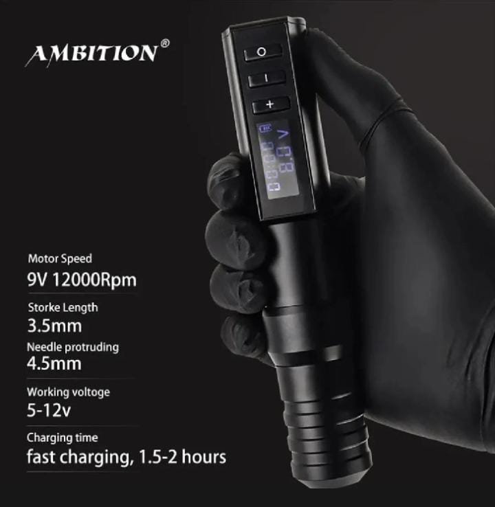 Ambition Professional Wireless Tattoo Machine Gun Rotary Portable Pen Power Motor LED Digital Display For Artist Body Makeup